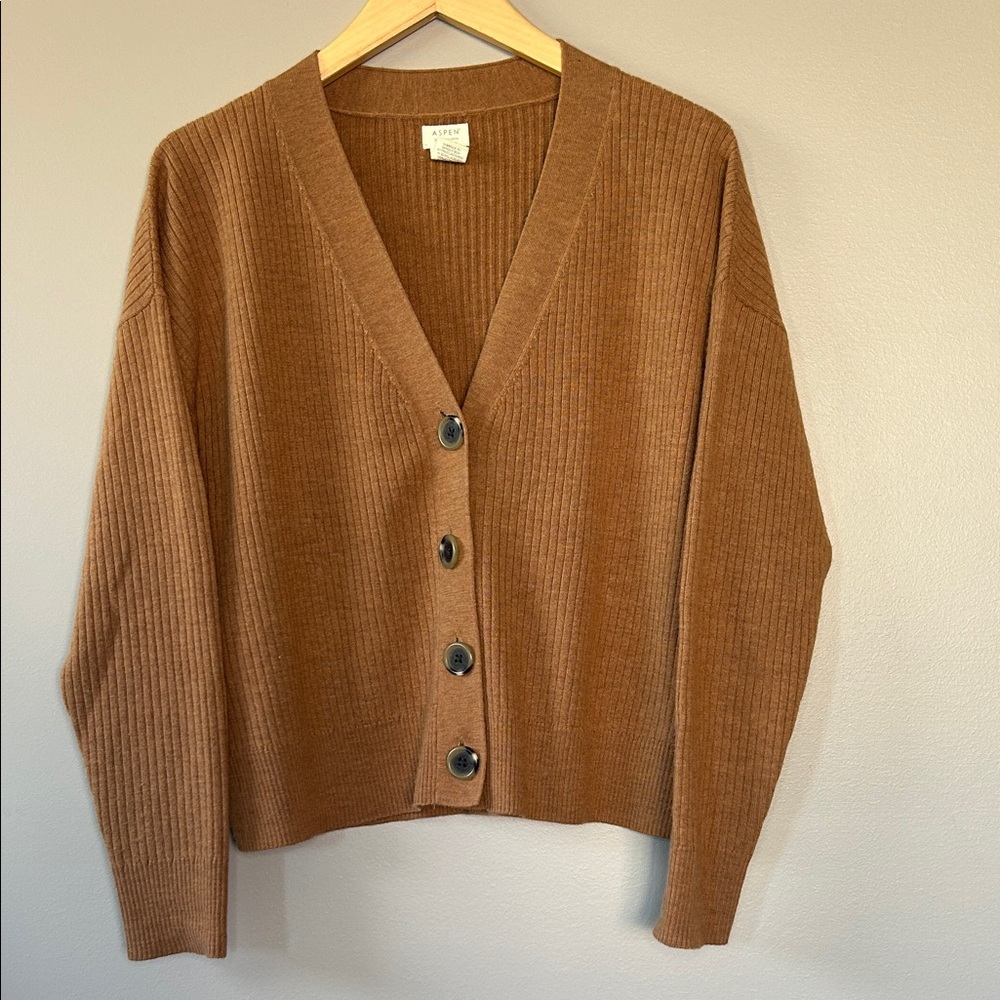 Aspen Extra Fine Merino Wool Ribbed Cardigan Sweater Small Oversized Brown Tan